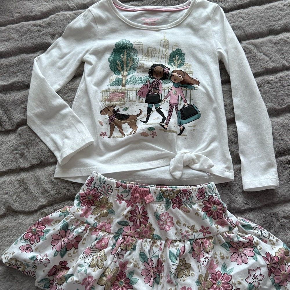 Isaac Mizrahi Girls White Top with Pink Trim and Teal Floral Accents